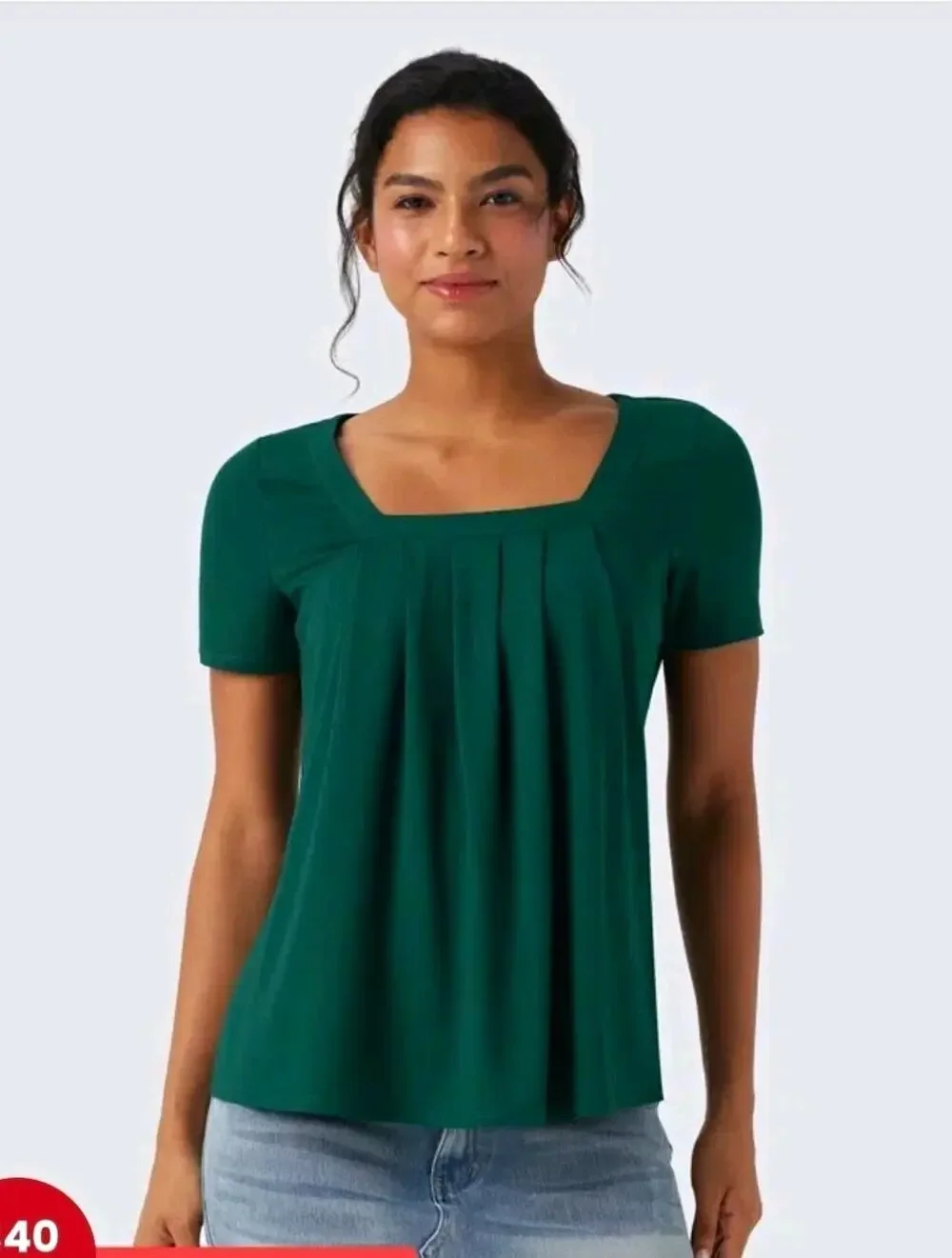 Women's Green Square Neck Short Sleeve Pleated Pullover Top, Size S